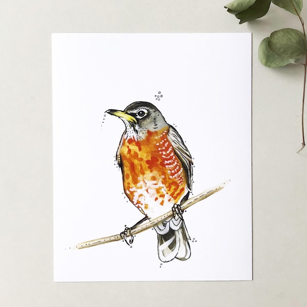 Robin on Branch Print, 8"x10" Art Print, Watercolour, Woodland, Kelly Dixon Art