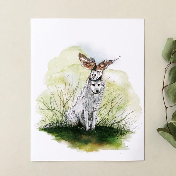 Lone Hunters Print, 8"x10" Art Print, Watercolour, Wolf, Owl, Kelly Dixon Art