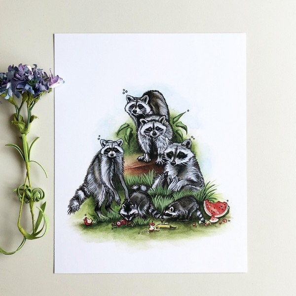 NEW! Fruit Bandits Print, Raccoon Family, 8"x10" Art Print, Watercolour, Kelly Dixon Art