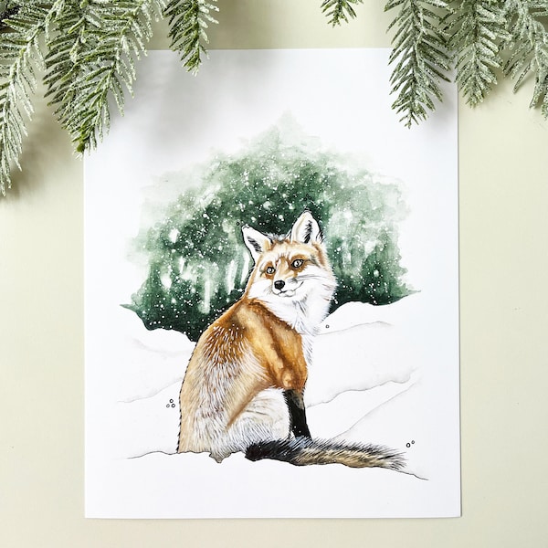 Winter Fox Print,  8"x10" Art Print, Holiday, Watercolour, Woodland, Kelly Dixon Art