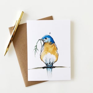 Carte de voeux Bluebird, oiseau, forêt, carte vierge, 5 "x 7"