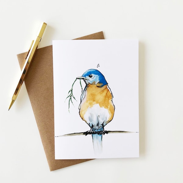 Blue Bird Greeting Card, Bird, Woodland, Blank Card, 5"x7"