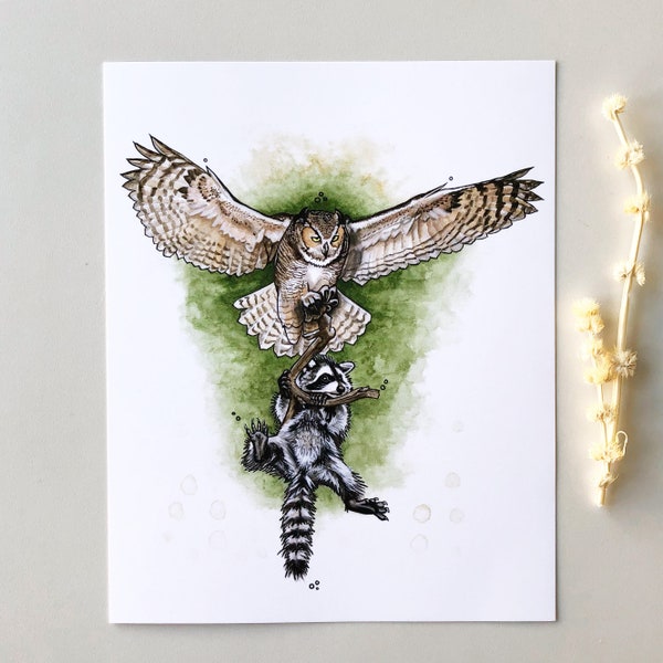 Take Me With You Print, Owl and Raccoon 8"x10" Art Print, Watercolour, Kelly Dixon Art