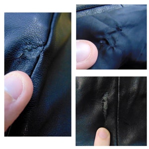May include: Close-up of three black leather patches with small holes and tears. The leather is textured and shows signs of wear and tear.