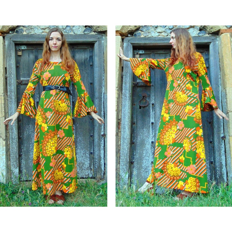 Vintage 60s Psychedelic Dress // 70s Maxi Dress // Statement Dress // Disco // Medieval // Bell Sleeve // Flared Sleeves // Flower Power image 2