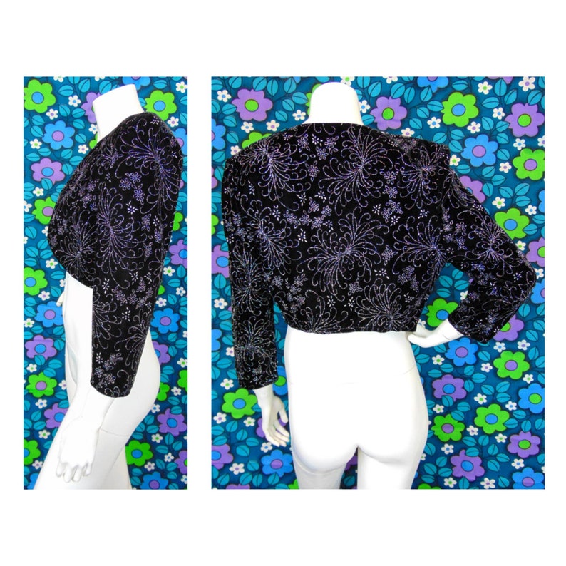 Vintage 80s Cropped Jacket // Disco Bolero // Glam Rock // Sparkly Jacket // Psychedelic Velvet Evening Jacket // Glittery Velvet Jacket image 2