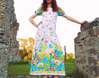 Vintage 60s Floral Dress // 70s Maxi Dress // Puff Sleeve Dress // Medieval Dress // Psychedelic Dress // Hippie Dress // Flower Power