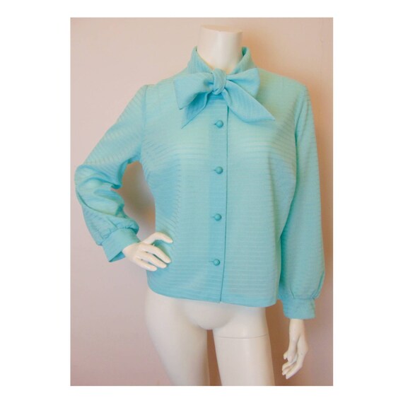 Vintage 70s Blouse Secretary Blouse NOVELTY Print 50s Style Tie Neck Blouse Pussy BOW Blouse MOD Blouse Button Down Stripe Shirt Lemon Fruit