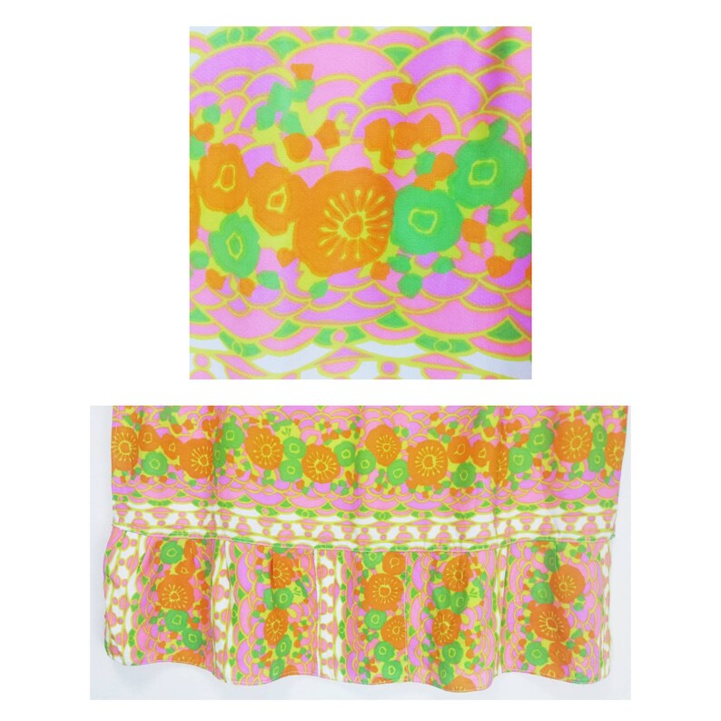 May include: A pink, green, and orange floral print fabric with a white background. The fabric has a repeating pattern of flowers and geometric shapes.