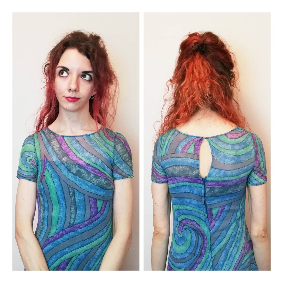 60S 70S VINTAGE PSYCHEDELIC GREEN BLUE COTTON SILKY MINI DRESS 6