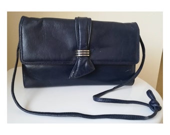 Vintage 80s Faux Leather Bag // Art Deco Handbag // Pleather Shoulder Bag // Mod Handbag // Navy Blue Evening Bag // 20s 30s Flapper Style