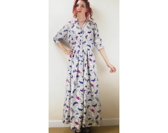 Vintage 70s Maxi Dress // Butterfly Dress // 70s Shirt Dress // Novelty Print Dress // Rockabilly Dress // Big Collar // Buttoned Dress