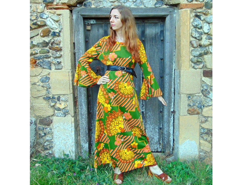 Vintage 60s Psychedelic Dress // 70s Maxi Dress // Statement Dress // Disco // Medieval // Bell Sleeve // Flared Sleeves // Flower Power image 1