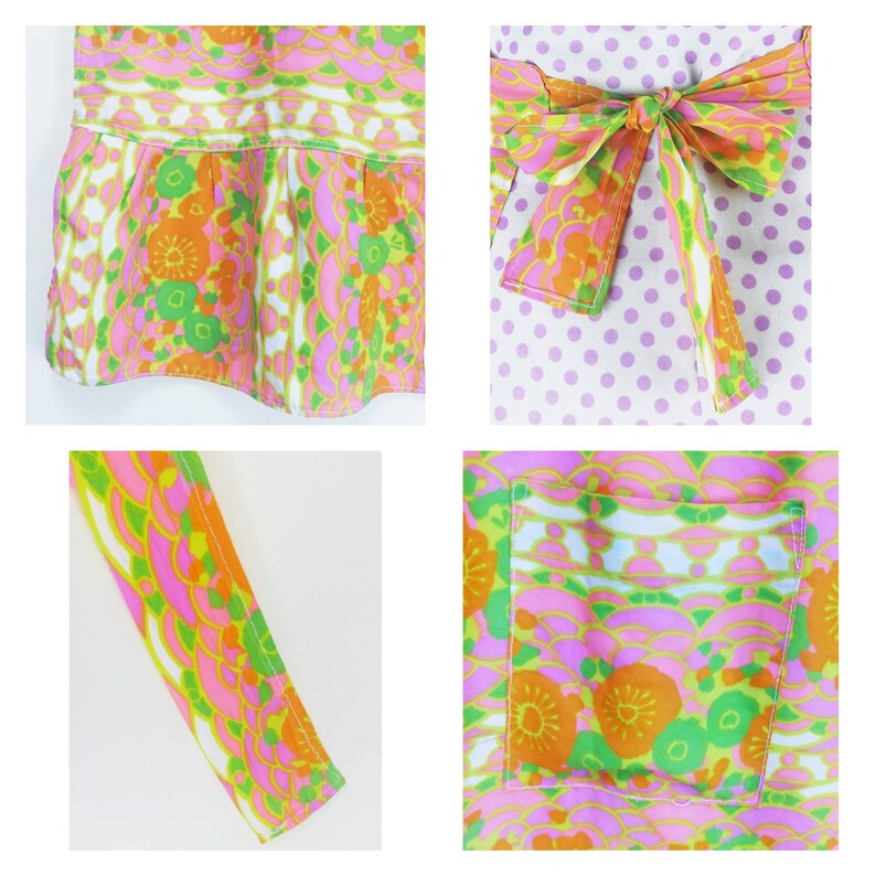 May include: A pink, green, and orange floral print apron with a white polka dot bow tie. The apron has a large pocket on the front and a ruffle at the bottom.