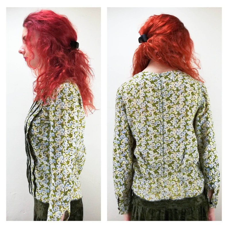 Vintage 50s Floral Blouse 60s Cuff Sleeve Blouse 70s Pleated Blouse Zip Up Back Hippie Blouse Boho Blouse Gypsy Blouse