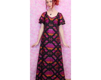 Vintage 70s Evening Maxi Dress // Psychedelic Dress // Glam Rock Disco // Hippie Dress // Butterfly Sleeve // Glittery Dress // Crosshatch