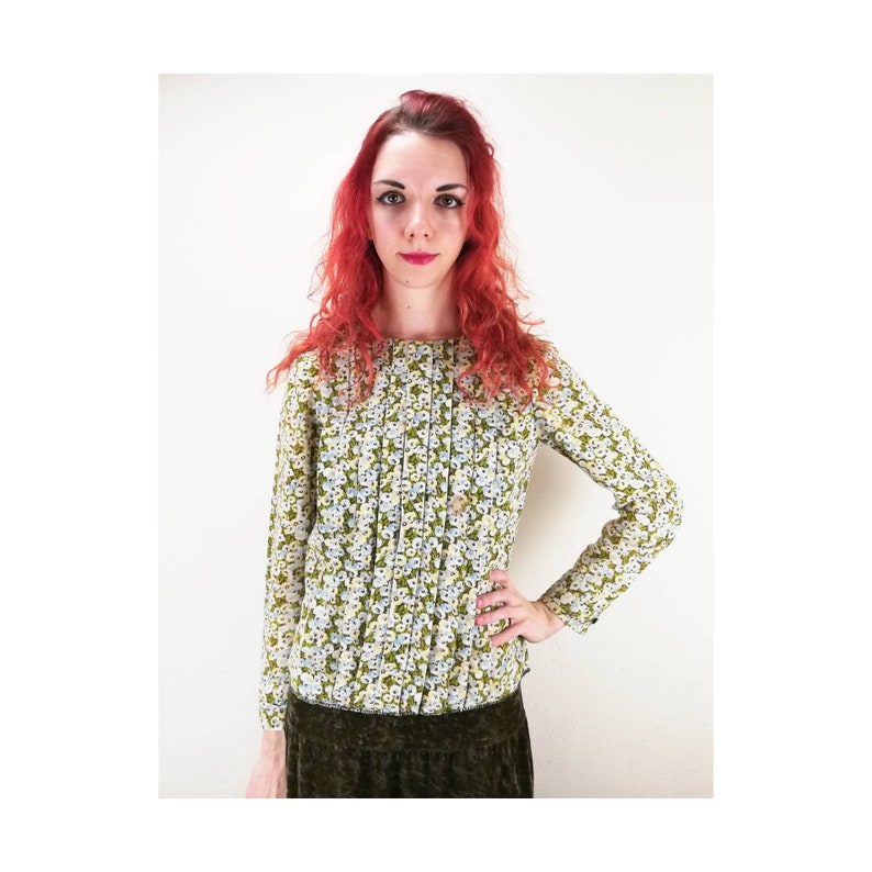 Vintage 50s Floral Blouse 60s Cuff Sleeve Blouse 70s Pleated Blouse Zip Up Back Hippie Blouse Boho Blouse Gypsy Blouse