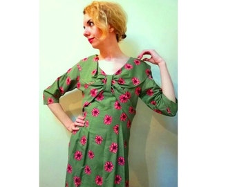 Robe à fleurs vintage années 50/Robe à col nœud/Robe à nœuds 50s//Robe crayon années 50/Col châle//Robe midi années 50/Robe droite