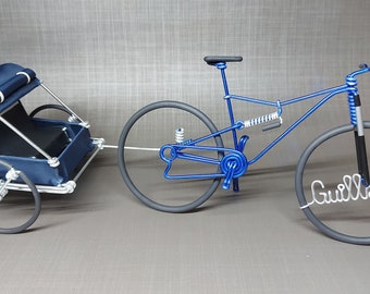 Suspended mountain bike + Miniature baby trailer in aluminum wire. Personalized Mountain bike in aluminum wire