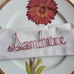 Peut inclure: Une carte de nom en fil rose avec le nom "Sandrine" écrit dessus. La carte de nom est placée sur une serviette blanche sur une assiette blanche avec un motif floral.