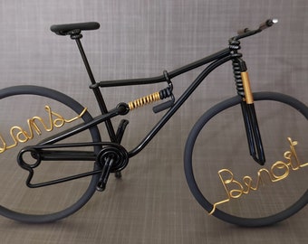 Miniature suspended MTB bike in aluminum wire. Personalized Mountain bike in aluminum wire