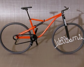 Miniature suspended MTB bike in aluminum wire. Personalized Mountain bike in aluminum wire