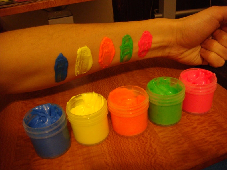 Fluorescent UV body paint 5 x 0.25 oz color set neon radiant glow non-toxic, latex free image 2