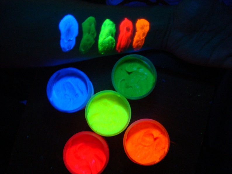 Fluorescent UV body paint 5 x 0.25 oz color set neon radiant glow non-toxic, latex free image 4