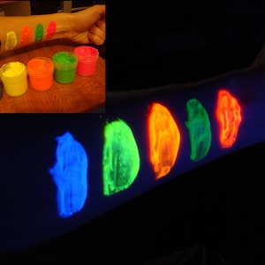 Flourescent UV body paint big containers [2oz = 60 g] 5 color set; latex free, non-toxic, radiant neon glow, non-pungent