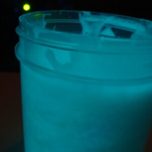 May include: A clear plastic container with a blue glow-in-the-dark liquid inside.