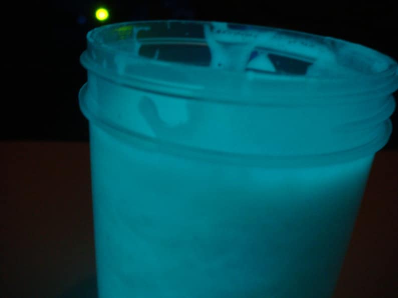 May include: A clear plastic container with a blue glow-in-the-dark liquid inside.