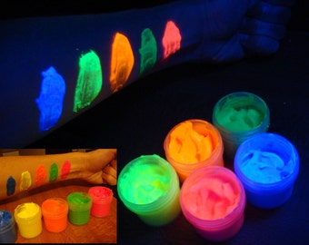 Flourescent UV body face paint 5 color set (blue, yellow, orange, green, red) bright neon glow non-toxic, latex free