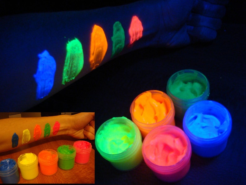 Fluorescent UV body paint 5 x 0.25 oz color set neon radiant glow non-toxic, latex free image 1
