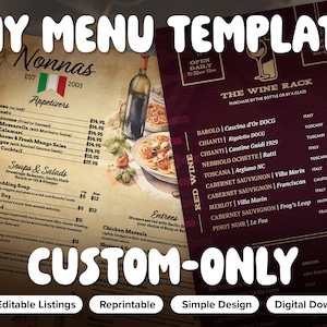 May include: A DIY menu template featuring two distinct designs: a beige parchment-style sheet for Nonnas appetizers and soups, and a dark burgundy sheet for The Wine Rack list. Both include editable text, food illustrations, and digital download labels.