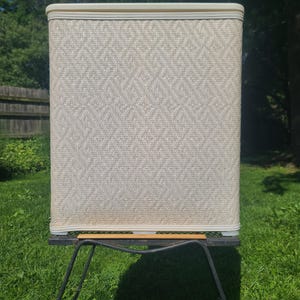 1960s Burlington Basket Off White Ivory Beige Wicker Clothes Clothing Hamper Diamond Pattern Lidded Bedroom Bathroom Rattan Woven Decorative
