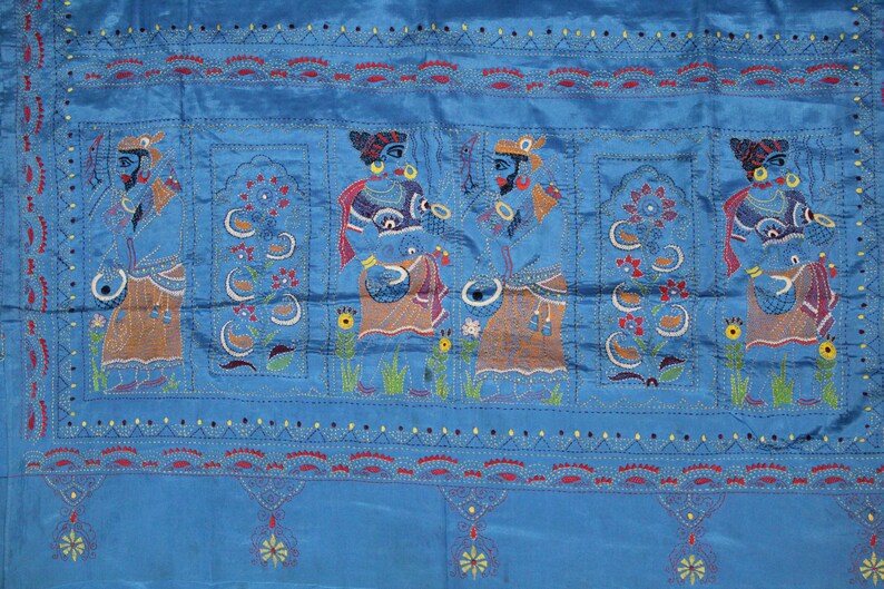 RAB85 Indian Beautiful Vintage Art Silk Saree Thread work Sarong Drape Decorative Fabric Antique Art Craft Saree 5Yard