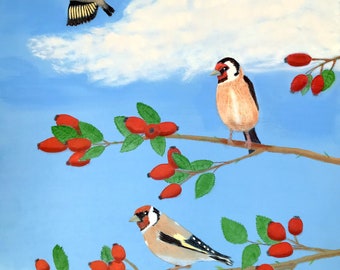 Birds of a Feather, European Goldfinch, Original Oil Painting