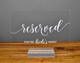 Reserved Bride's Family Table Sign, Acrylic Wedding Table Sign and Decor - Willow 003B