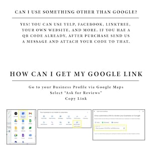 May include: A screenshot of a Google Maps business profile page with instructions on how to get a link to ask for reviews. The text on the screen says "Give customers a link to review your business on Google." and "Go to your Business Profile via Google Maps. Select "Ask for Reviews". Copy Link."