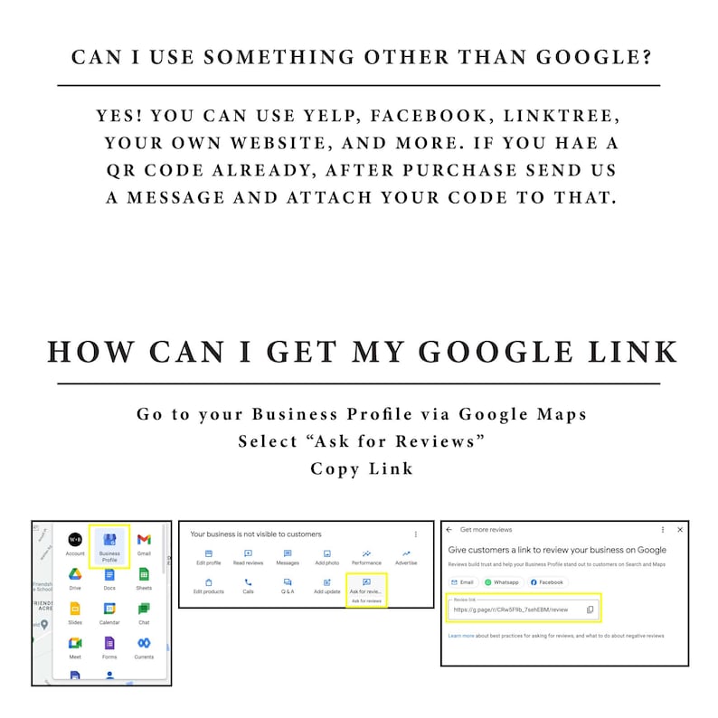May include: A screenshot of a Google Maps business profile page with instructions on how to get a link to ask for reviews. The text on the screen says "Give customers a link to review your business on Google." and "Go to your Business Profile via Google Maps. Select "Ask for Reviews". Copy Link."