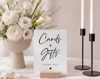 Letrero moderno de tarjetas y regalos para recepción de boda con soporte.