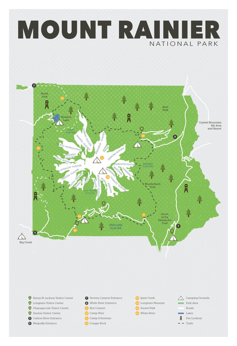 Mount Rainier National Park Map Print - Etsy