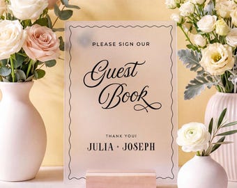 Letrero acrílico para libro de visitas con nuestro mensaje, soporte de mesa, letras cursivas para la recepción de bodas, accesorio moderno para la novia.