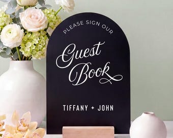 Letrero de acrílico para libro de firmas de boda, arco de recepción, letrero moderno para eventos, decoración de mesa de registro de ceremonias, soporte de madera para celebración