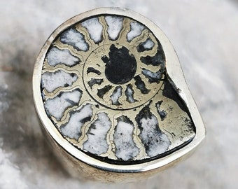 fossil pyrite ammonite silver ring