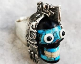 tezcaltipoca obsidiane and turqoise carving ring silver .925