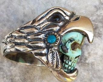 aztec eagle warrior with turqoise stone in silver .925 any size