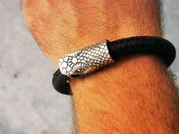 Leather Snake Bracelet Silver Black Blue Snake Jewelry