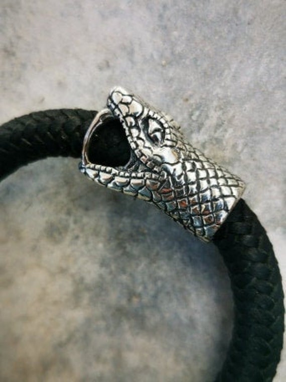 ☆ レザー バングル leather 9miles snake Snake Silver .925 Bracelet in Handwoven Leather - Etsy