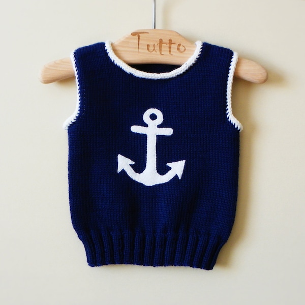 Ready to ship 9-12 Month Anchor vest sailors vest dark blue vest knitted vest with anchor merino wool vest MADE TO ORDER